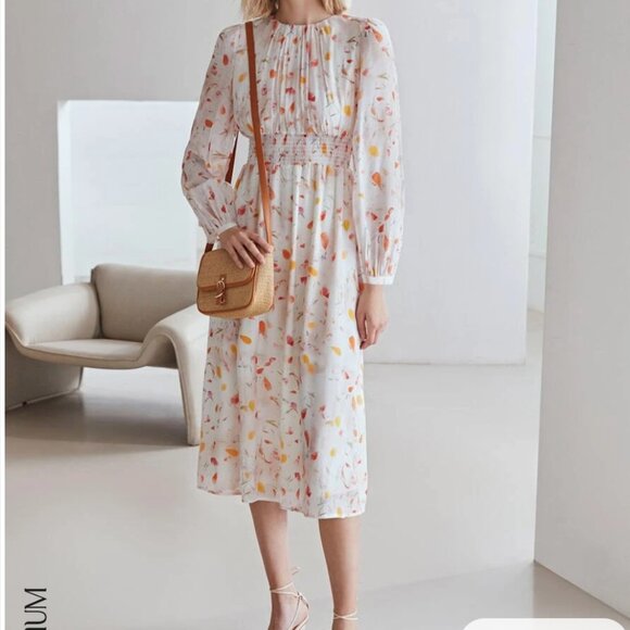 Shein MOTIF PREMIUM VISCOSE BRUSH STROKE PRINT Peasant DRESS Size Large L 8/10 - Picture 10 of 10